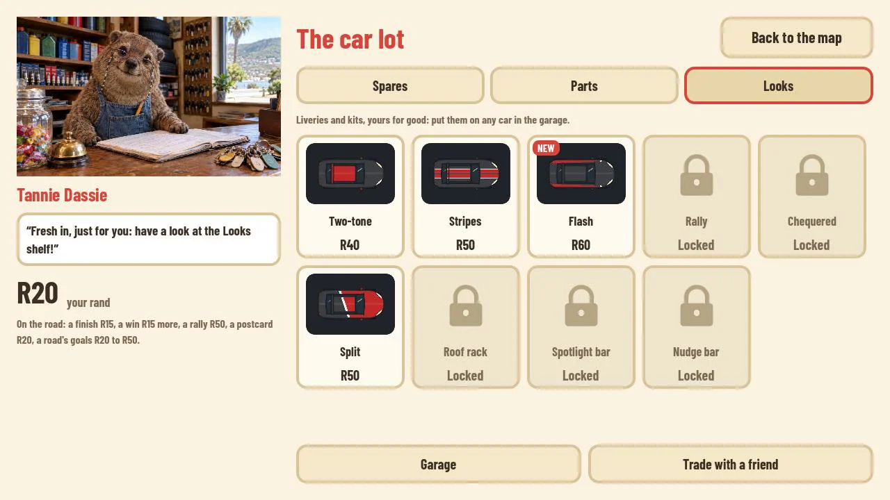 Tannie Dassie's car lot in the game: spares, parts and looks
